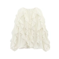 Flat lay of a white V-neck chiffon shirt with layered ruffles and button-front detailing - White