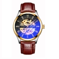 Men's automatic skeleton watch with brown leather strap and dual-tone steel case - Brown Strap Gold Case Black Dial