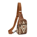 Bohemian ethnic style canvas chest bag with brown leather trim and geometric pattern - Dark Brown