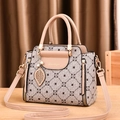 Elegant beige brown handbag with vintage pattern and decorative leaf charm with pearls - Khaki & Apricot