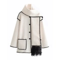 Detail of ivory wool coat with black crochet wavy edges and matching tasseled scarf - XS / White