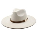 Cappello fedora classico crema a tesa larga con fascia marrone e fibbia a morso dorata - M (56-59cm) / Bianco Sporco