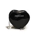 Bolso negro brillante en forma de corazón con cadena plateada y estampado fashion - Negro