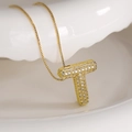 Golden necklace featuring a zircon-encrusted 'T' pendant on a fine box chain - Letter T (Box Chain)