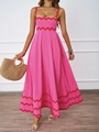 Rose pink summer maxi dress with red scalloped trim and a flared A-line silhouette - Pink