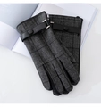 Detail of grey and black plaid wool gloves with leather strap and button accent - Black-Grey Plaid