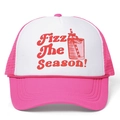Pink and white trucker hat with Fizz The Season print and adjustable mesh back - Rose Red