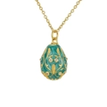 Egg-shaped pendant necklace with green enamel, golden scrolls and small crystals - Malachite green