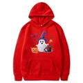 Red Halloween hoodie with ghost and pumpkin prints, long sleeves and drawstring hood - Red