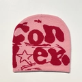 Pink and red jacquard knitted beanie with CON letter patterns in hip-hop street style - Short Jacquard / Pink