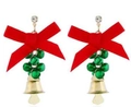 Christmas earrings with red ribbon bow and green bells with golden bell pendant - Ribbon Bow Tiered Bell (EHMT-040HJ-JS)