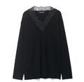 Close-up of elegant black wool blend sweater with delicate lace trim on V-neckline - S / Black