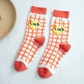 Mid-calf cotton socks featuring orange and white checkered pattern and Japanese text - One Size / Red Sock Cuff