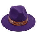 Close-up of purple wool fedora hat featuring a brown band with silver diamond metal studs - M (56-58cm) / Deep purple
