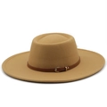 Detailed close-up of khaki wool fedora featuring a brown leather strap and gold buckle - M (56-58cm) / Camel