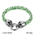 Men's retro stainless steel skull chain bracelet in silver and green 220mm finish - Green