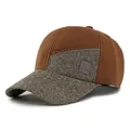 Winter baseball cap in brown corduroy and grey tweed patch design with leather M label - Adjustable / Dark Khaki