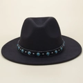 Black Bohemian fedora hat with woven leather band and turquoise stones for outdoor style - M (56-58cm) / Black