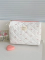 Quilted cream makeup bag with pink bow patterns and top zipper closure for women - Pink Sweet Bow Hand Bag