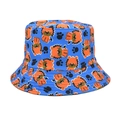 Detail of blue cotton bucket hat featuring orange cartoon lion and paw print patterns - M(56-58cm) / Blue Cartoon Lion (3#)