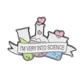 Enamel beaker science pin featuring pink liquid and I'm Very Into Science text - I'm Very Into Science Lab Gear