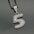 Hip hop silver number 5 pendant necklace with sparkling white rhinestones and link chain - Number 5 / Pendant Only / Steel