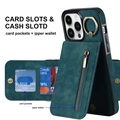 Detail of dark green PU leather phone case featuring card slots and zipper wallet function - Blue / Iphone12/pro 6.1