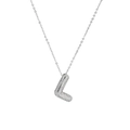Detailed macro view of silver bubble letter L pendant with pavé zircon stones - Letter L