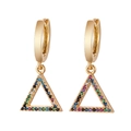 Close-up of golden triangle drop earrings with multi-color cubic zirconia inlay - Style 22 (Triangle)