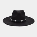 Detail of black wide brim felt hat featuring silver studs and metal embossed ornaments - Silver Studded Embossed Metal Plate Decorative Band (Color #9)