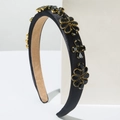 Detail of baroque black satin headband with gold-edged crystal flower embellishments - Black