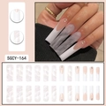French style long square false nails with marble texture and rhinestone accents 24pcs - White French Grey White Marble Style (SGCY-164)