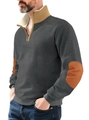 Grey-green half-zip fleece sweatshirt with brown stand collar and rust red elbow patches - S / Dark Gray