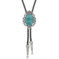 Green turquoise crown bolo tie with silver engraved mount and black leather cord - Green Lace Agate