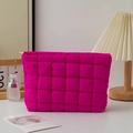 Fuchsia quilted puffer pouch in solid color with fuchsia checkered pattern and zipper - Rose Red