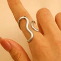 Silver wavy open ring in stainless steel featuring minimalist fluid water ripple design - Steel S-Shape Open (WG0-1048)