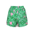 Detailed view of tropical green leaf print on pink high-waisted surfing shorts - Shorts