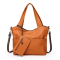 Conjunto de bolso tote marrón caramelo granulado con neceser y correa ajustable - Amarillo