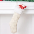 White knitted Christmas stocking with plush cuff and festive berry decor hanging on mantel - 46cm / Milky White