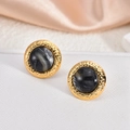 French vintage 18K gold plated stainless steel stud earrings with grey marble stone inlay - Grey Marble Pattern