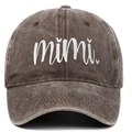 Detailed close-up of white MIMI embroidery on a distressed dark grey vintage cotton baseball cap - Adjustable / Coffee