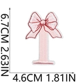 Detail of pink embroidered letter I patch with bow decoration and size measurements - Bow Alphabet Letter I
