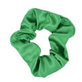 Glossy green satin hair scrunchie with elastic band shown on white background - Green