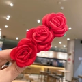Three red fabric camellia flowers hair clip for women with elegant silk texture - Spring Clips / Red Camellia Satin Style