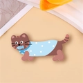 Cute brown acrylic cat brooch wearing blue polka dot clothes and holding a small fish - Brown Cat with Fish