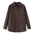 Women casual long sleeve poplin shirt with V-neck and turndown collar in dark brown - XS / Coffee