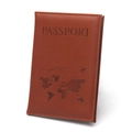 Caramel brown PU leather passport holder featuring an embossed world map and airplane design - Passport Cover / Earthy Yellow