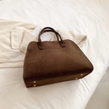 Dark brown suede tote bag with top handles and golden bottom studs for daily commute - Large (Suede) / Brown