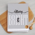 Gray Christmas microfiber kitchen towel with Merry Bright text on a wooden board - Gray Merry Bright