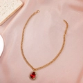 Retro gold teardrop necklace with red zircon stone and micro-pave crystals on pink silk - Red Teardrop Pendant Chunky Necklace (03 KC Gold Red DZ-543)